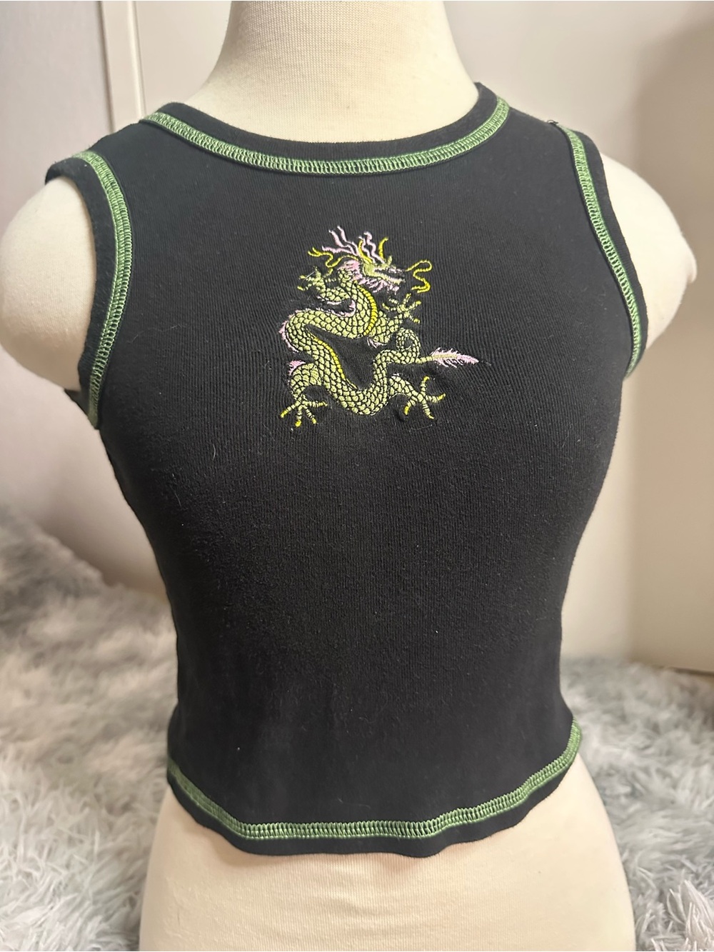 Brandy Melville Black Tank with Green Dragon Embroidery